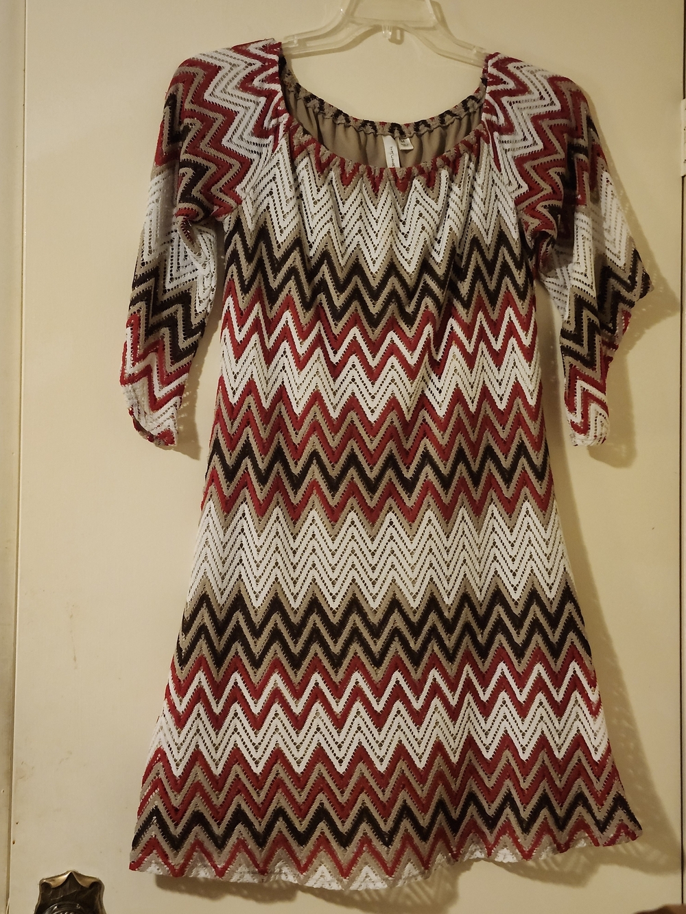 Tacera Chevron Knit Scoop-Neck Boho Fit And Flare Dress in Red, Cream & Brown M